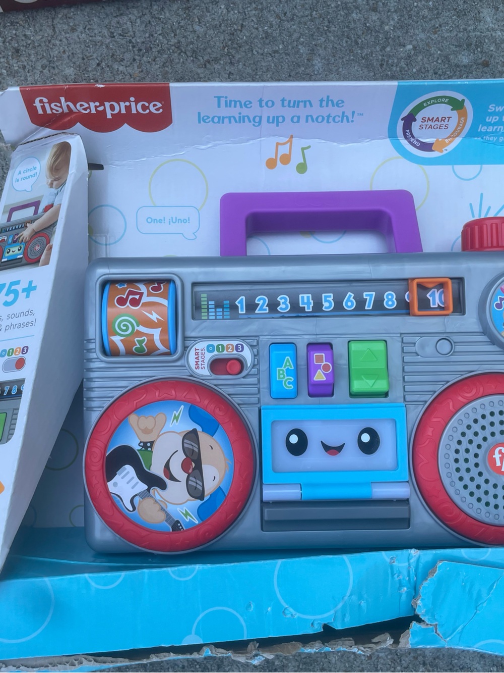 Fisher-Price Gray Learning Boombox with Purple Handle and Red Accents